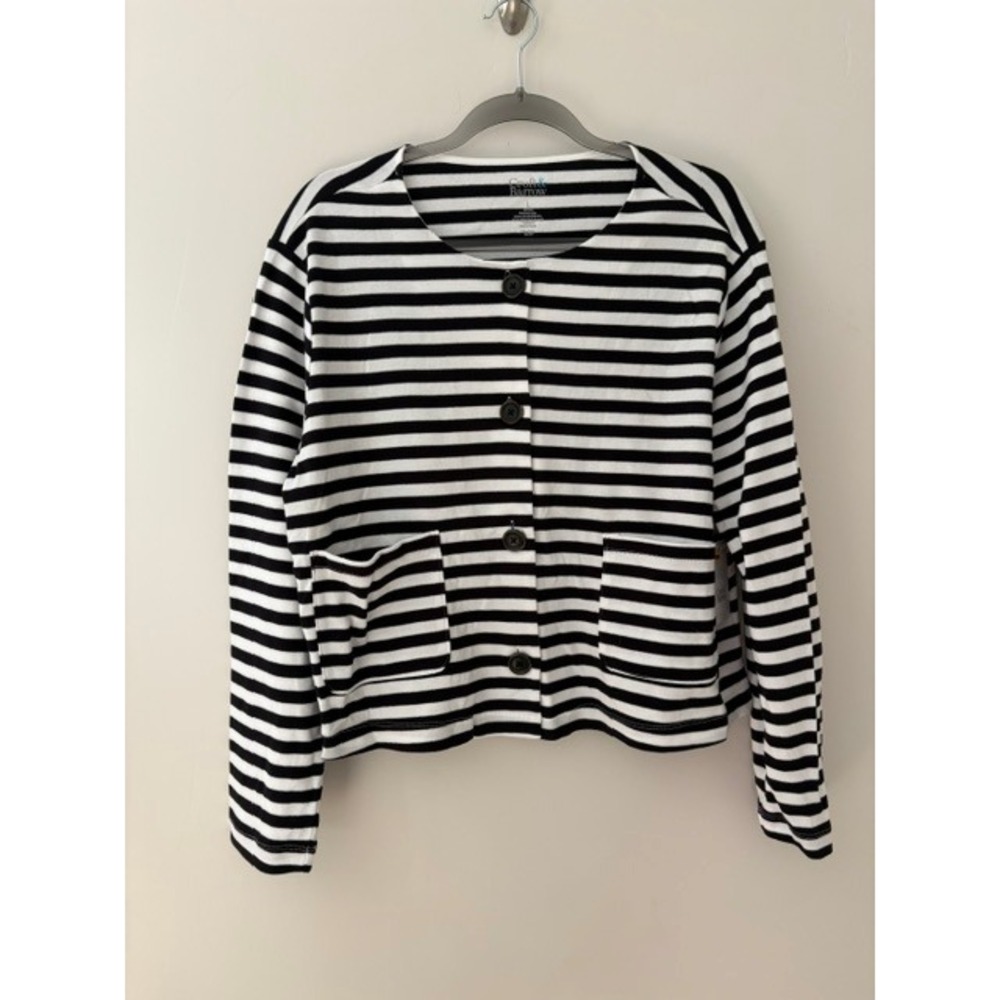 Croft & Barrow Womens Black White Striped Cotton Button Front Cardigan Size L